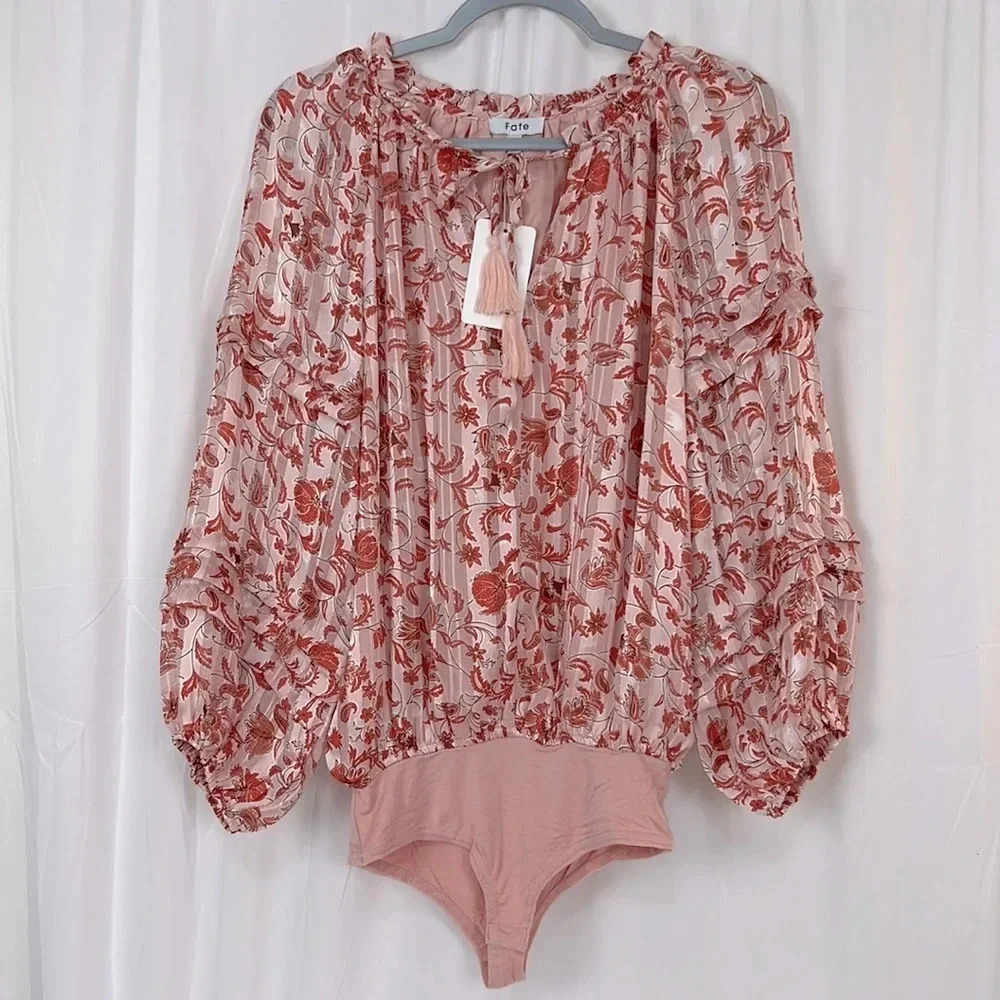 FATE New Ruffle Tie V-Neck Print Semi-Sheer‎ Long Sleeve Bodysuit Size Small